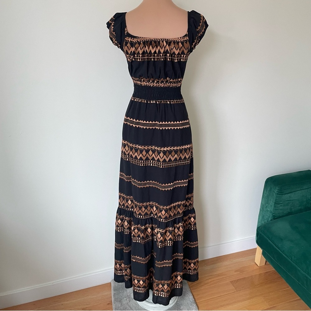 Coocu Resorts Greek Black Bronze Embroidered Corset Maxi Beach Dress EUC Size S - Picture 3 of 12